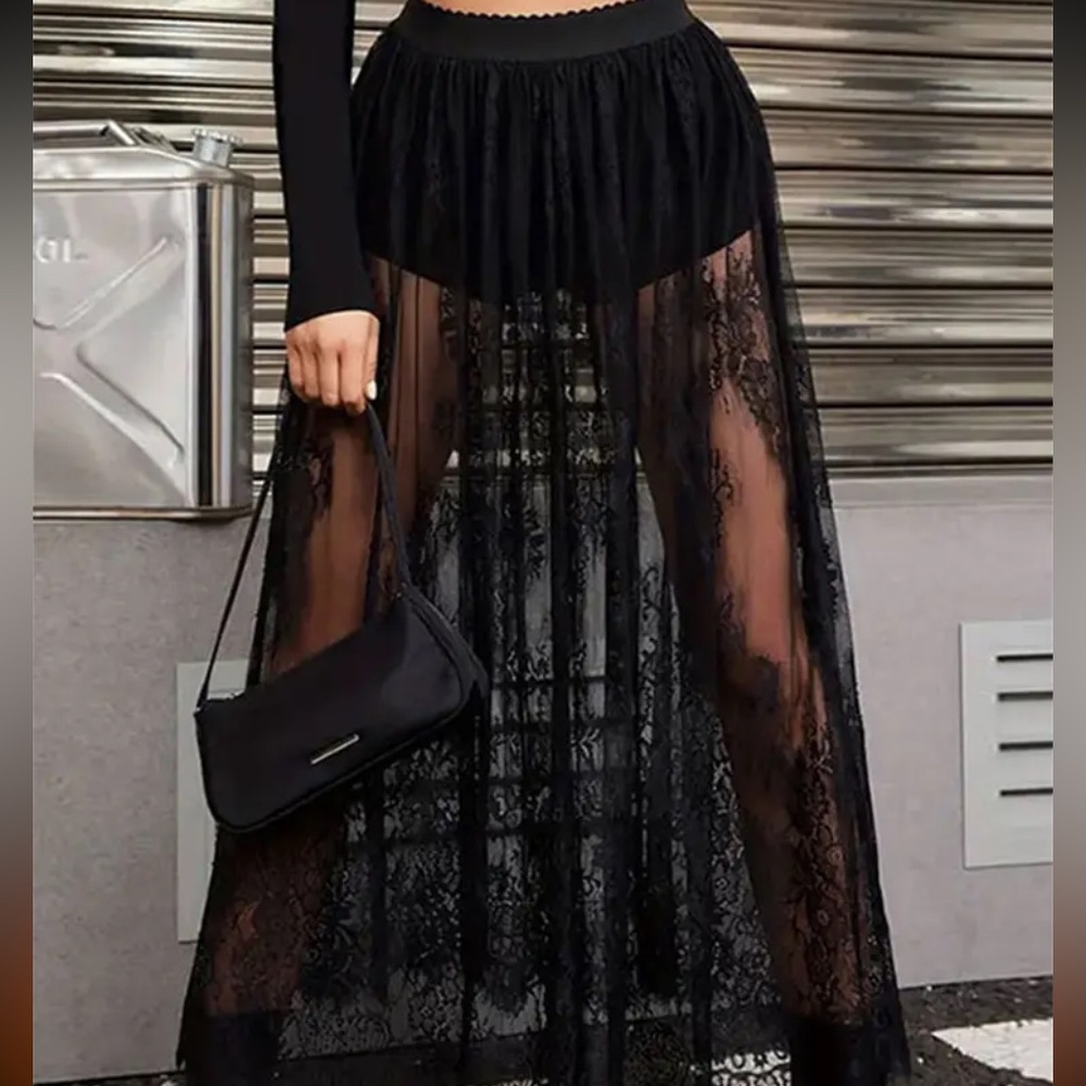Sheer Black Lace Maxi Skirt with Built in Shorts